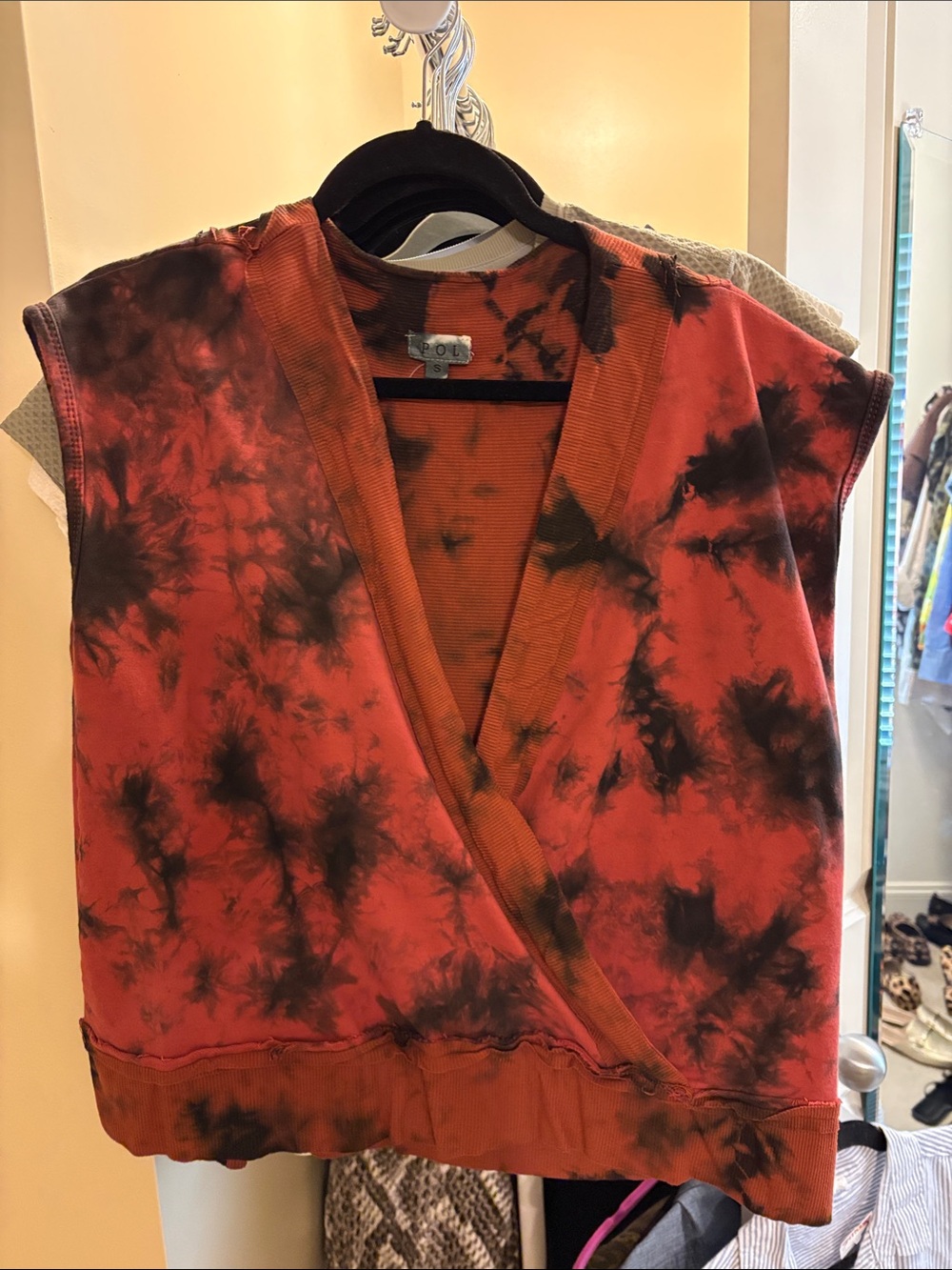 POL Red & Black Tie-Dye Wrap-Front Sweatshirt Top